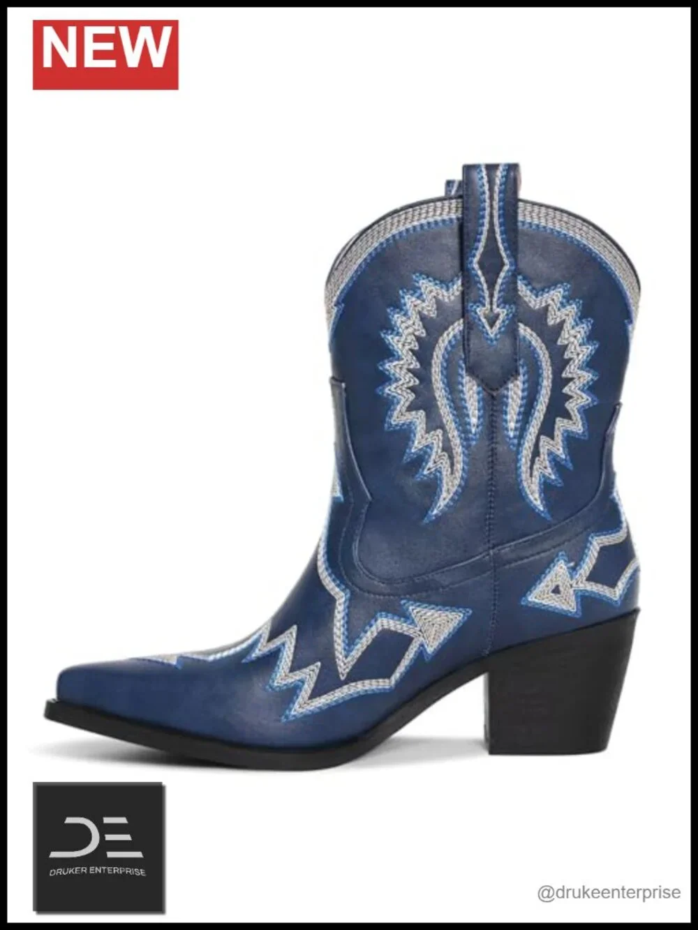 Embroidered Western Ankle Cowboy Boots Chunky Heel PU Leather